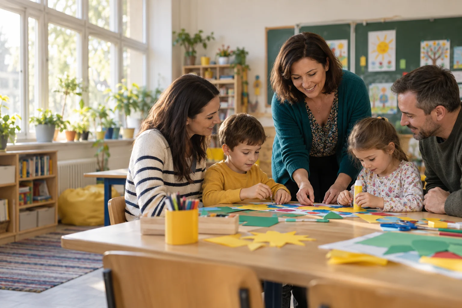 Copii, părinți și o profesoară la un atelier